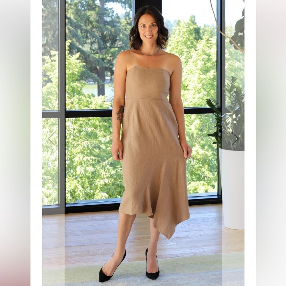 Anthropologie Du Paradis Strapless Linen Cotton Dress‎ Walnut Brown | Size M NWT